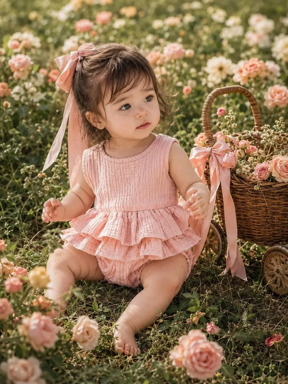 New Coral Ruffle Waist Gauzy muslin Playsuit Romper